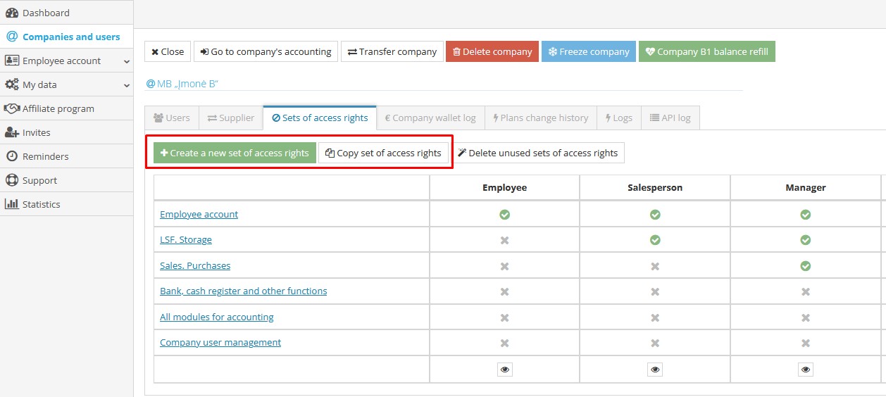 Permission sets section in user account settings