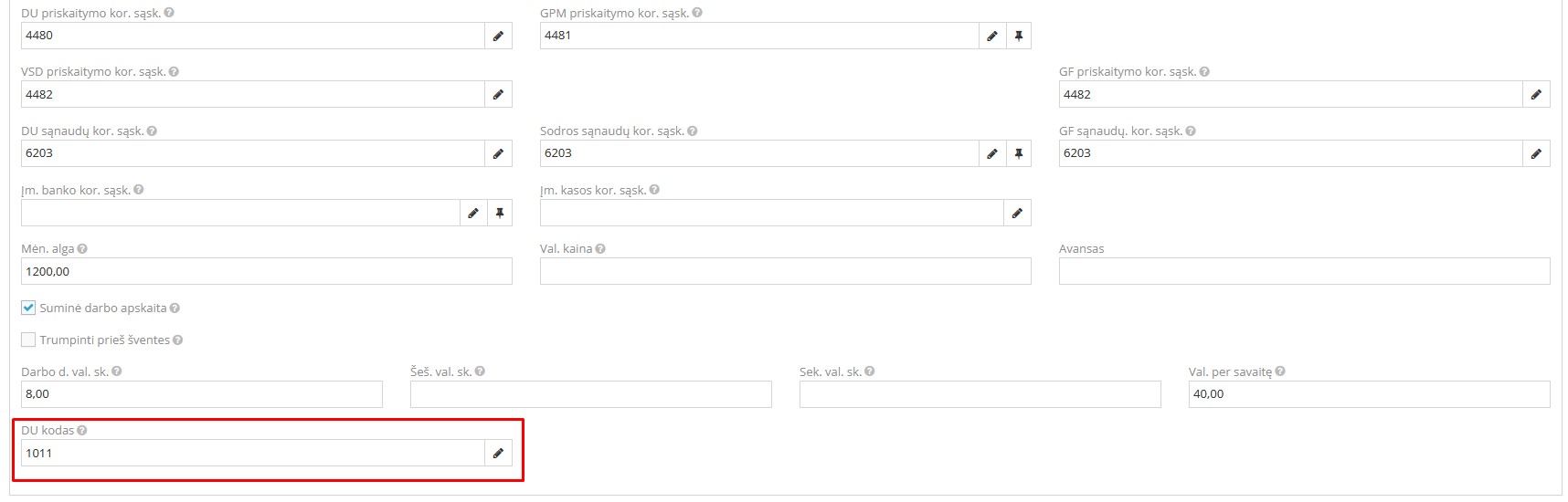 DU kodo pasirinkimo langas darbuotojo kortelėje