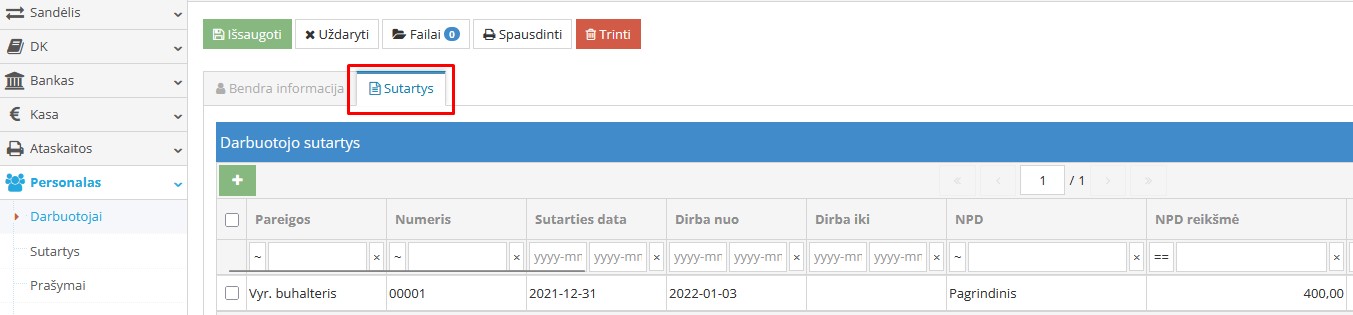 Darbuotojo sutarties kortelės langas