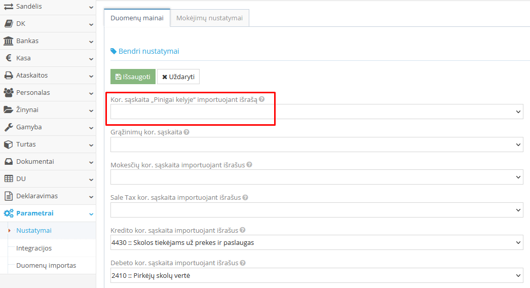 Pinigų kelyje sąskaitos nustatymas banko išrašo importui