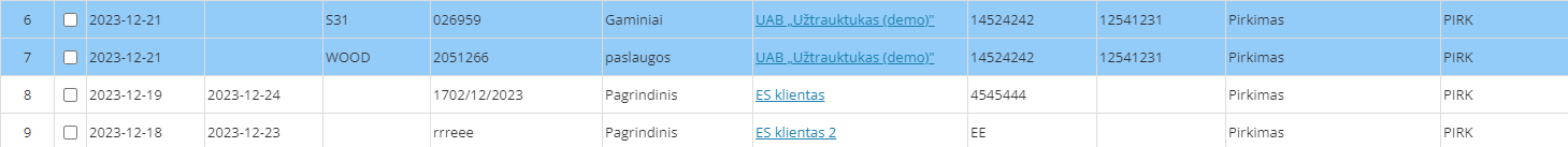 Dirbtinio intelekto atpažinti pirkimų įrašai pažymėti mėlyna spalva