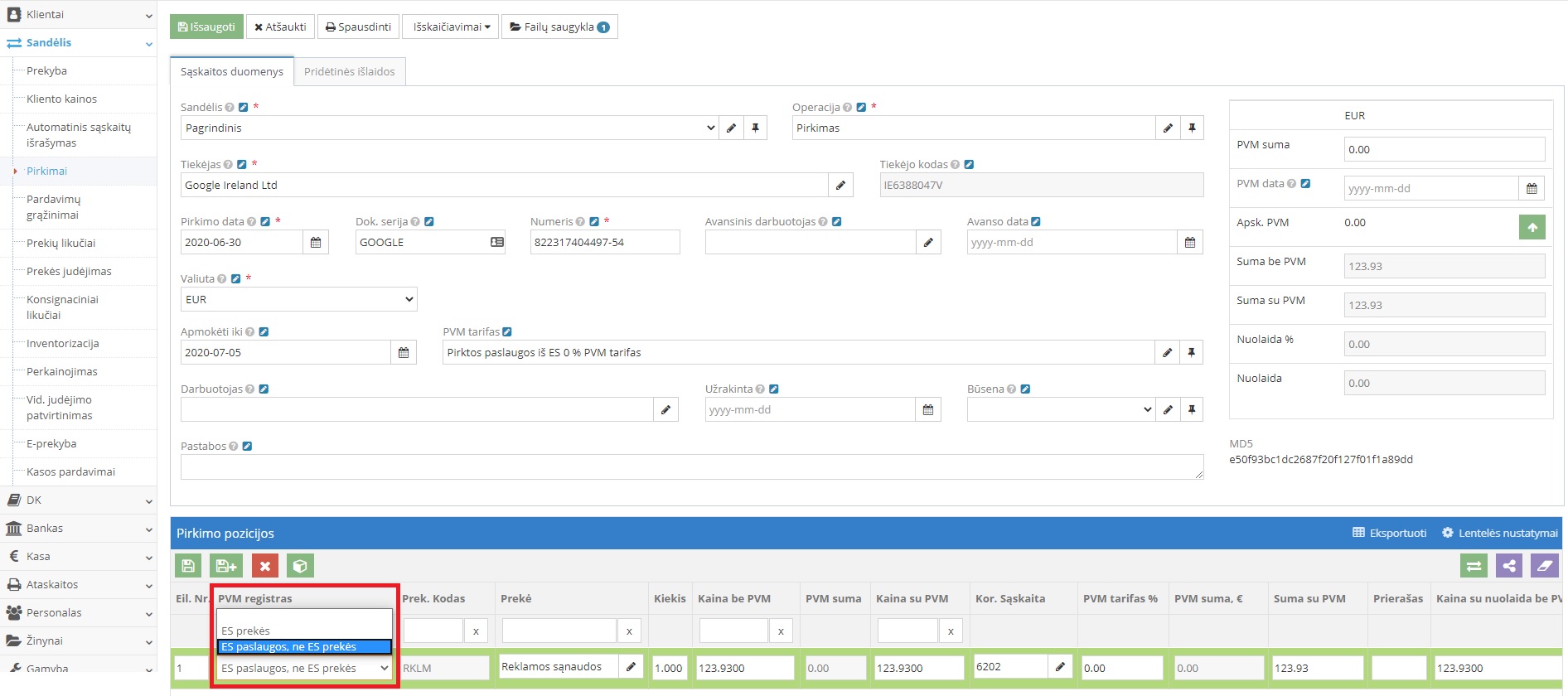 Pirkimo sąskaitos registravimas su PVM požymiu