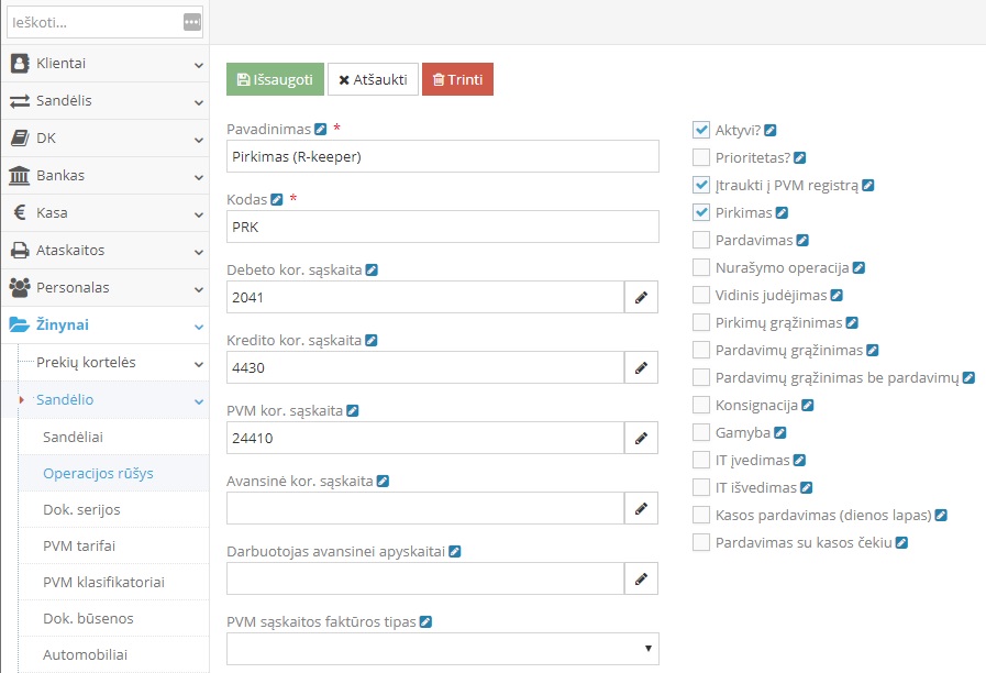 Pirkimo operacijos rūšies sukūrimo pavyzdys