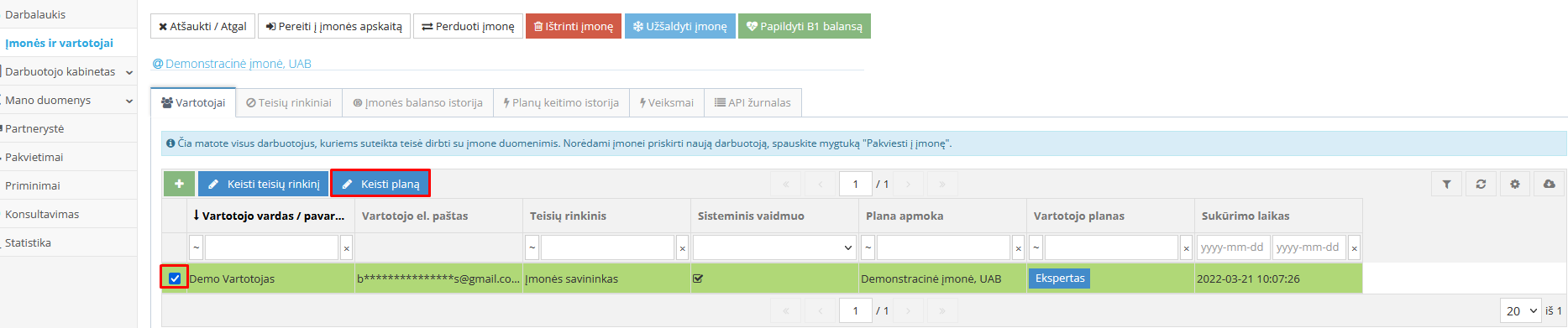Plano keitimo langas vartotojo paskyroje