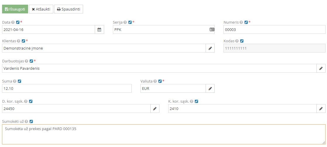 Pinigų priėmimo kvito naujo įrašo pridėjimo langas