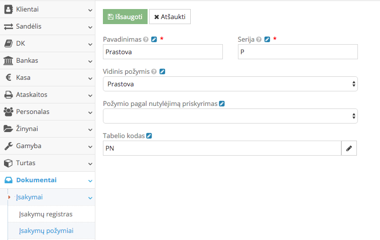 Įsakymo požymio kūrimo langas