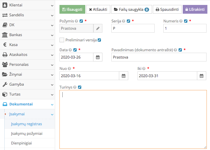 Įsakymo registravimo langas