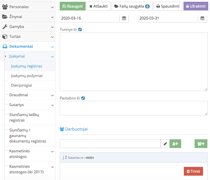 Darbuotojų pridėjimo įsakymui langas
