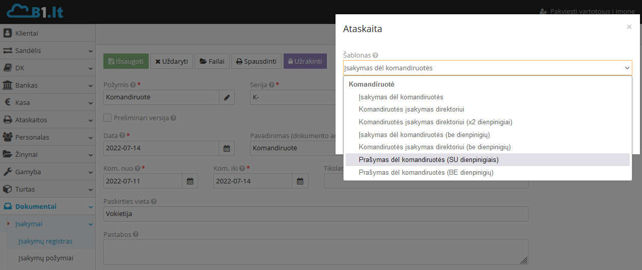 Prašymo dėl komandiruotės formavimas