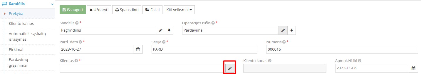 Naujo kliento kūrimo langas