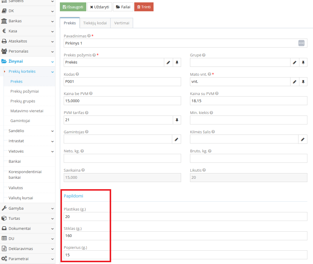 Papildomi pakuotės laukai prekės kortelėje