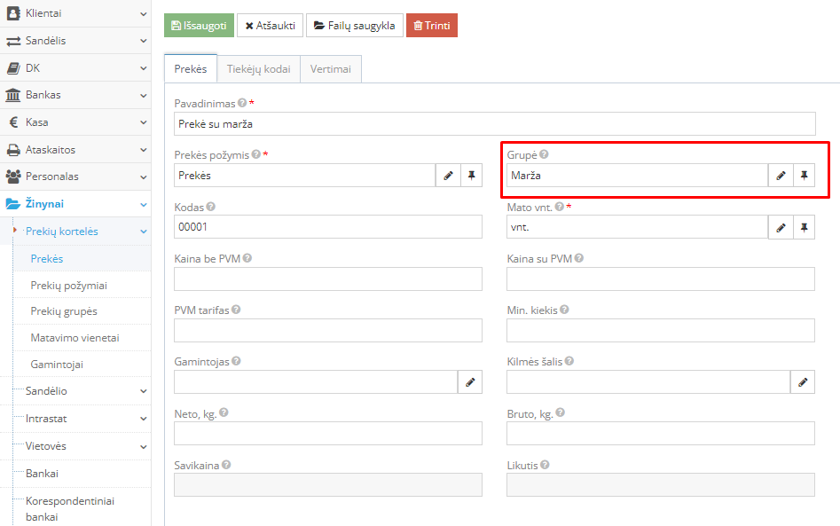 Prekės kortelės su grupe Marža kūrimo langas