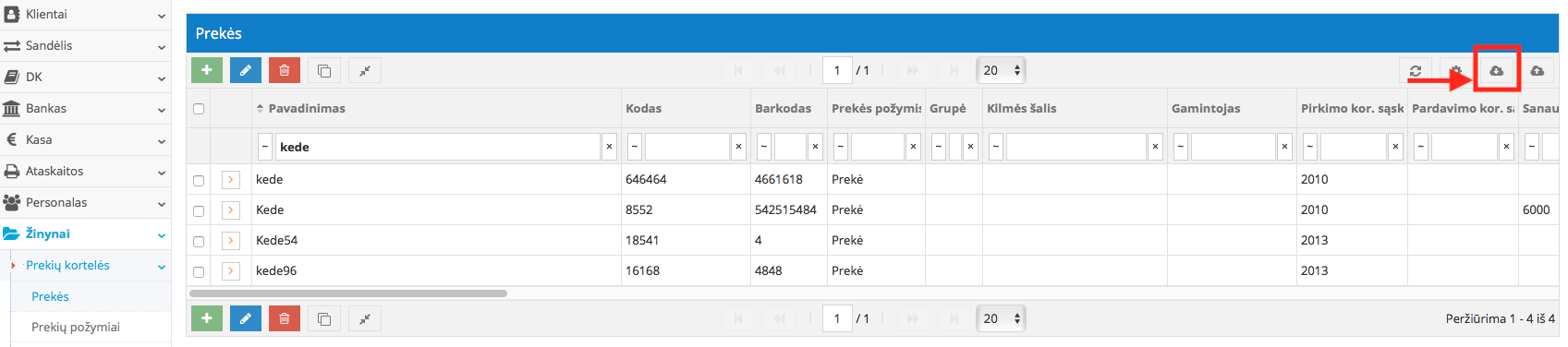 Prekių kortelių failas Excel formatu modulyje