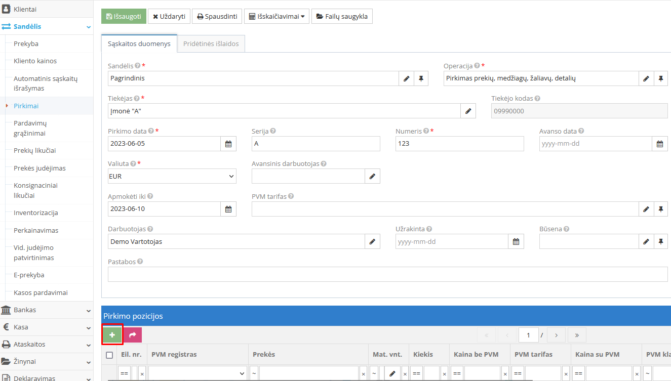 Pirktų prekių ar paslaugų registravimo langas