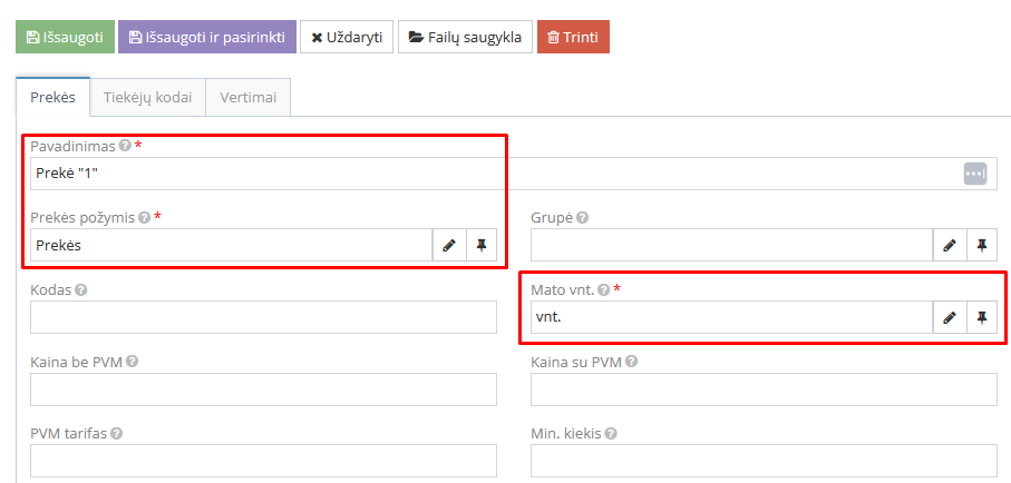 Prekės ar paslaugos informacijos įvedimo langas