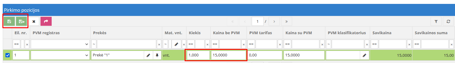 Prekės ar paslaugos kiekio ir kainos įvedimo langas