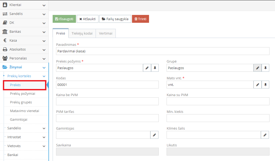 Prekės kortelės paruošimas kasos aparatui