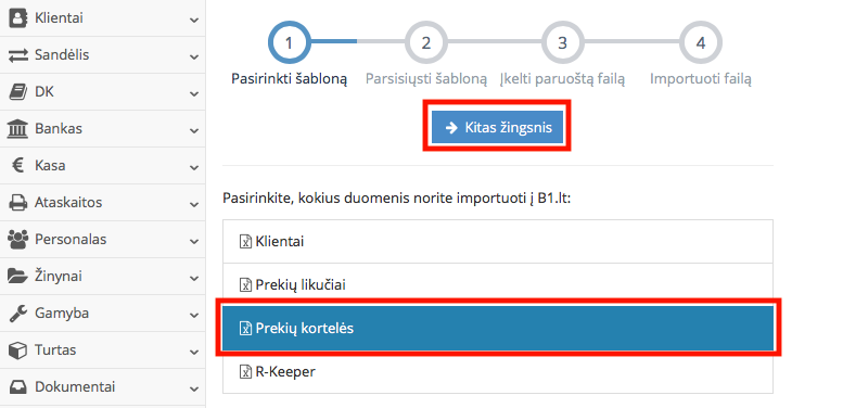Prekių ir paslaugų kortelių pasirinkimo langas