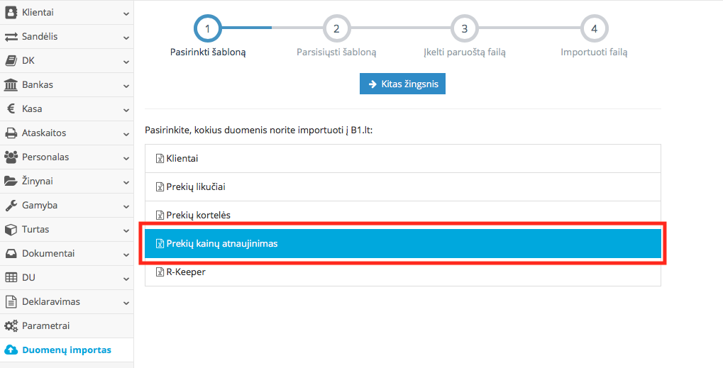 Prekių kainų atnaujinimo vedlio pirmas žingsnis