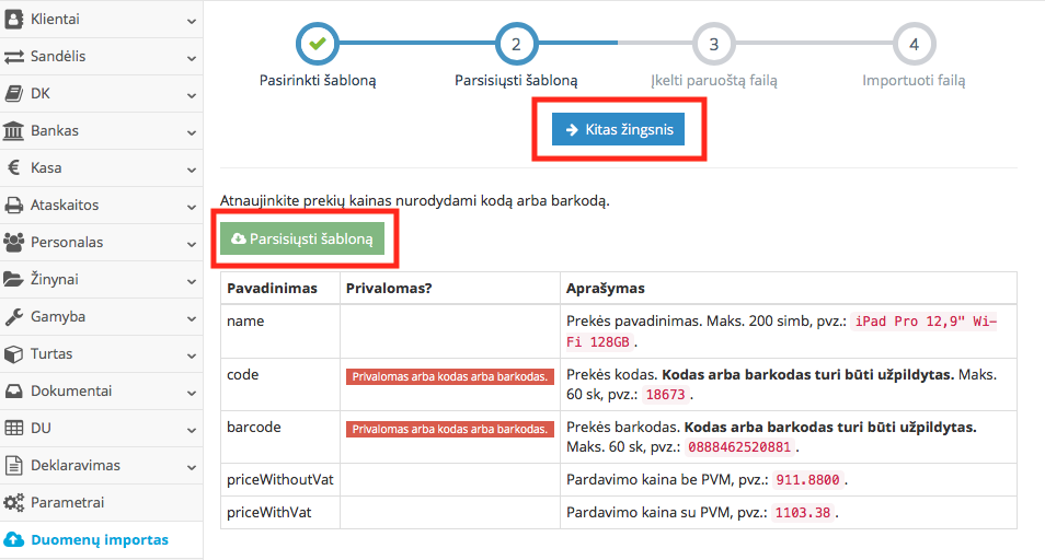 Prekių kainų atnaujinimo vedlio antras žingsnis