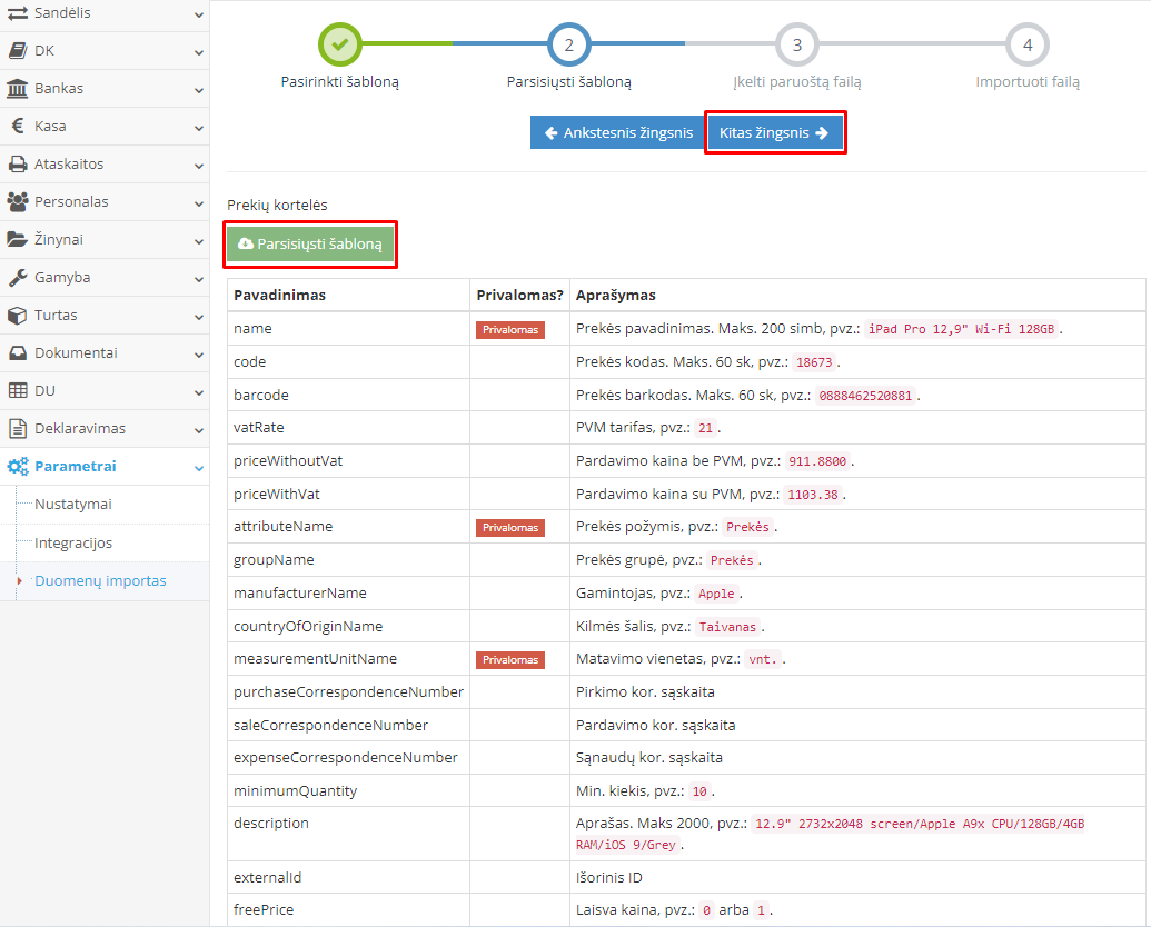 Prekių kortelės šablono atsisiuntimo langas
