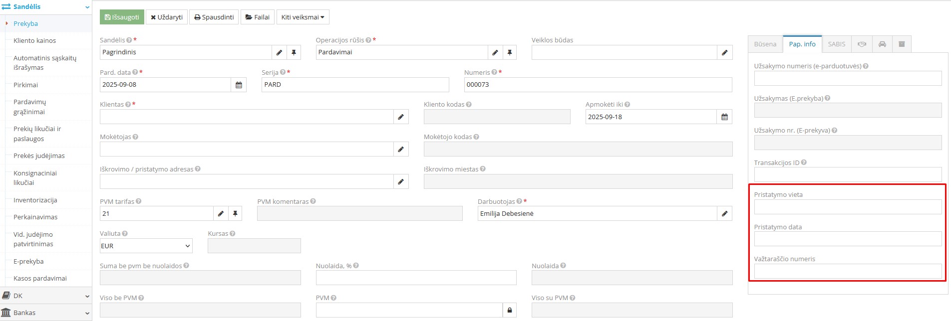 Papildomų požymių laukai pardavimo sąskaitoje