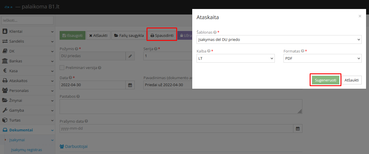 Įsakymo apie priskirtus priedus spausdinimas