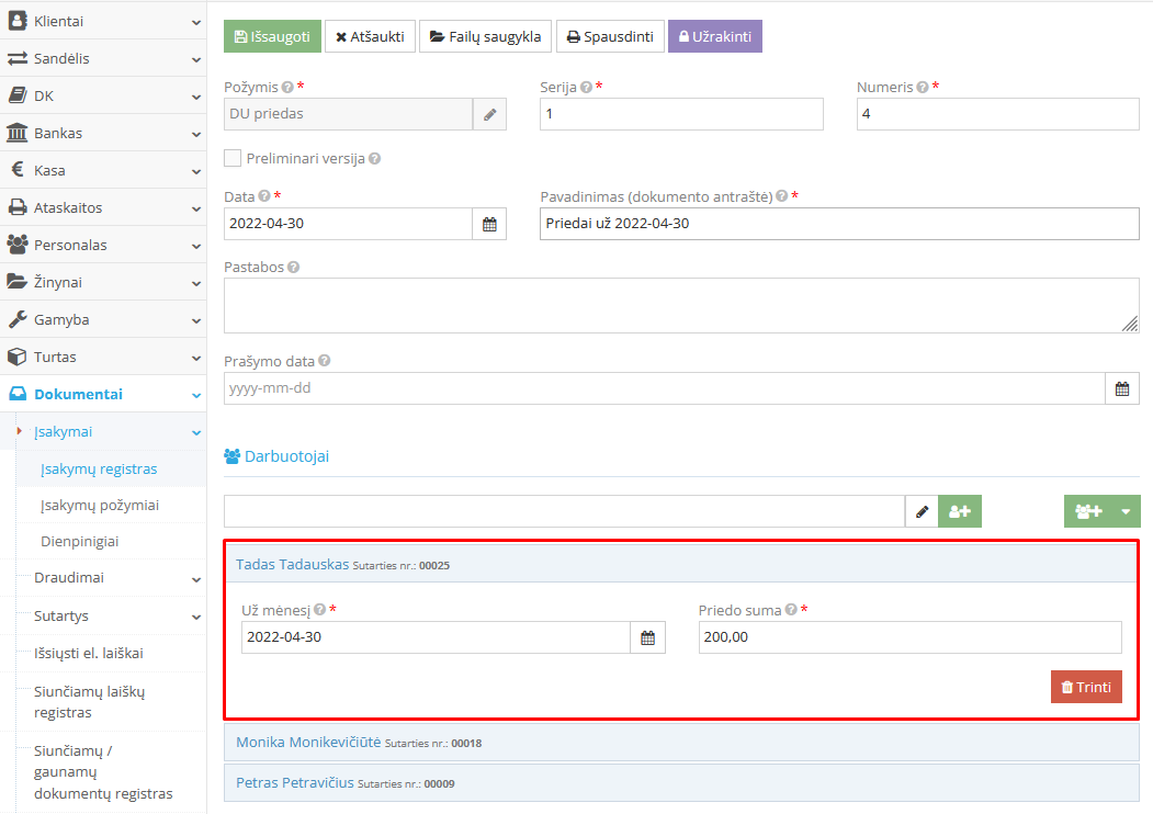 Darbuotojai su priedais pasirinktame mėnesyje