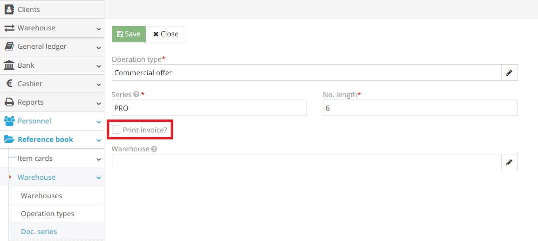 Linking operation to document series for invoice printing