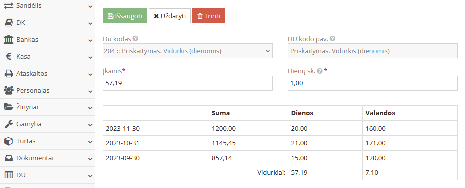 Mamadienio priskaitymo pasirinkimas darbuotojo kortelėje