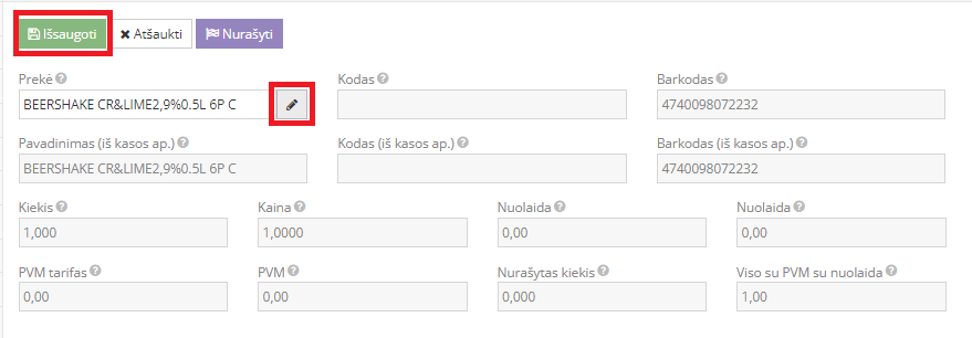 Nurašomos prekės priskyrimas
