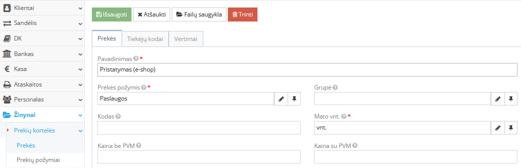 Pristatymo pozicijos kortelės kūrimo langas e-parduotuvėje