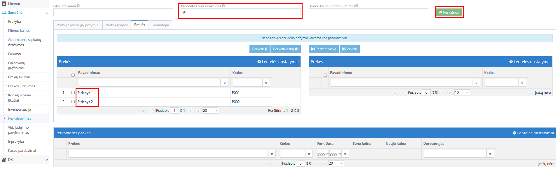 Procentinio dydžio nurodymas perkainavimui