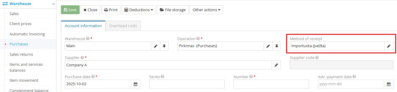 Field for method of receipt filled automatically