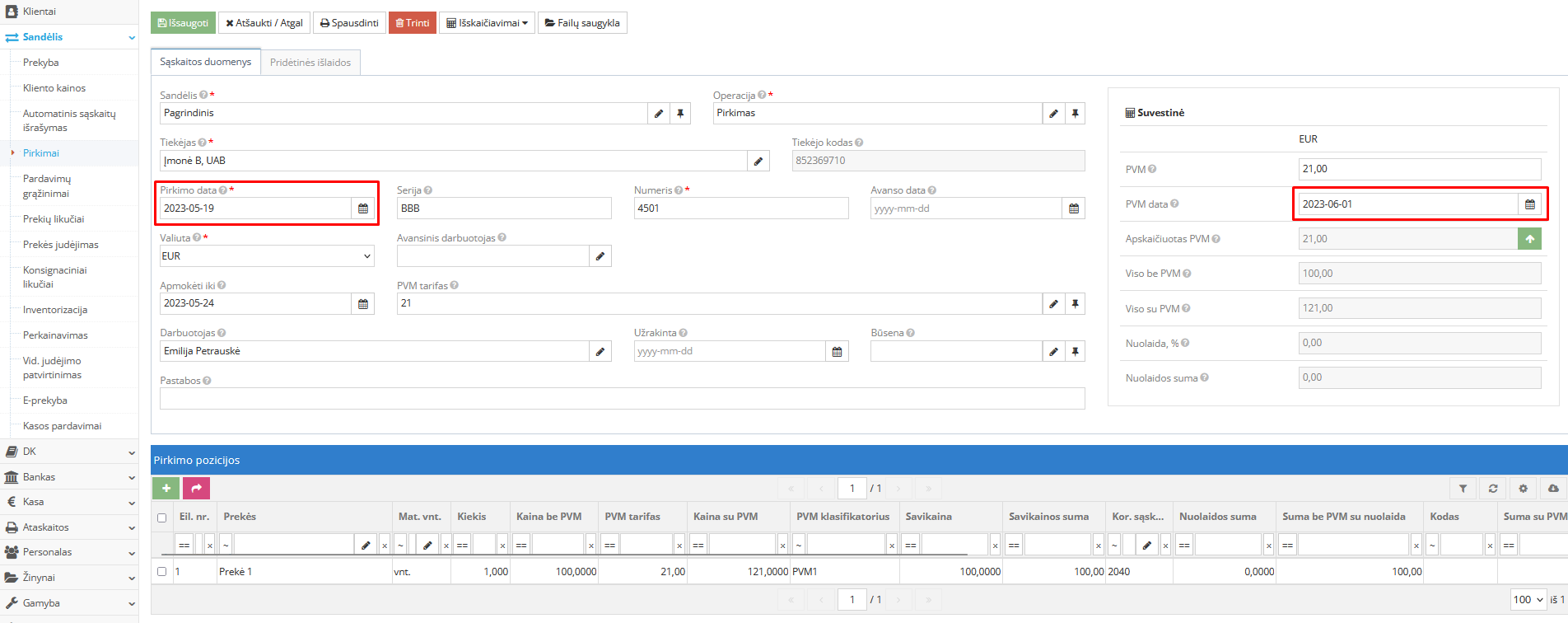 PVM datos pildymas pirkimo dokumente