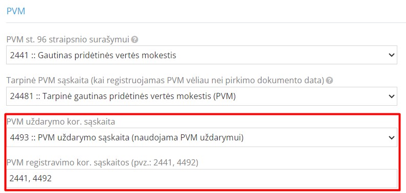 PVM uždarymo parametrų nustatymai programoje