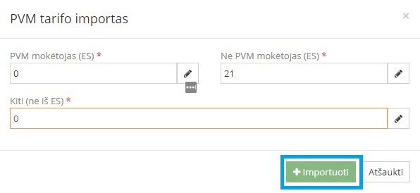 PVM tarifų importavimo pavyzdys Shopify integracijoje