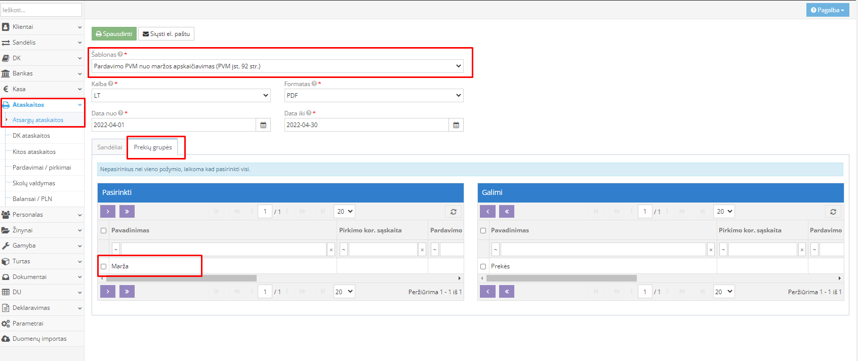 Pardavimo PVM nuo maržos ataskaitos pasirinkimo langas