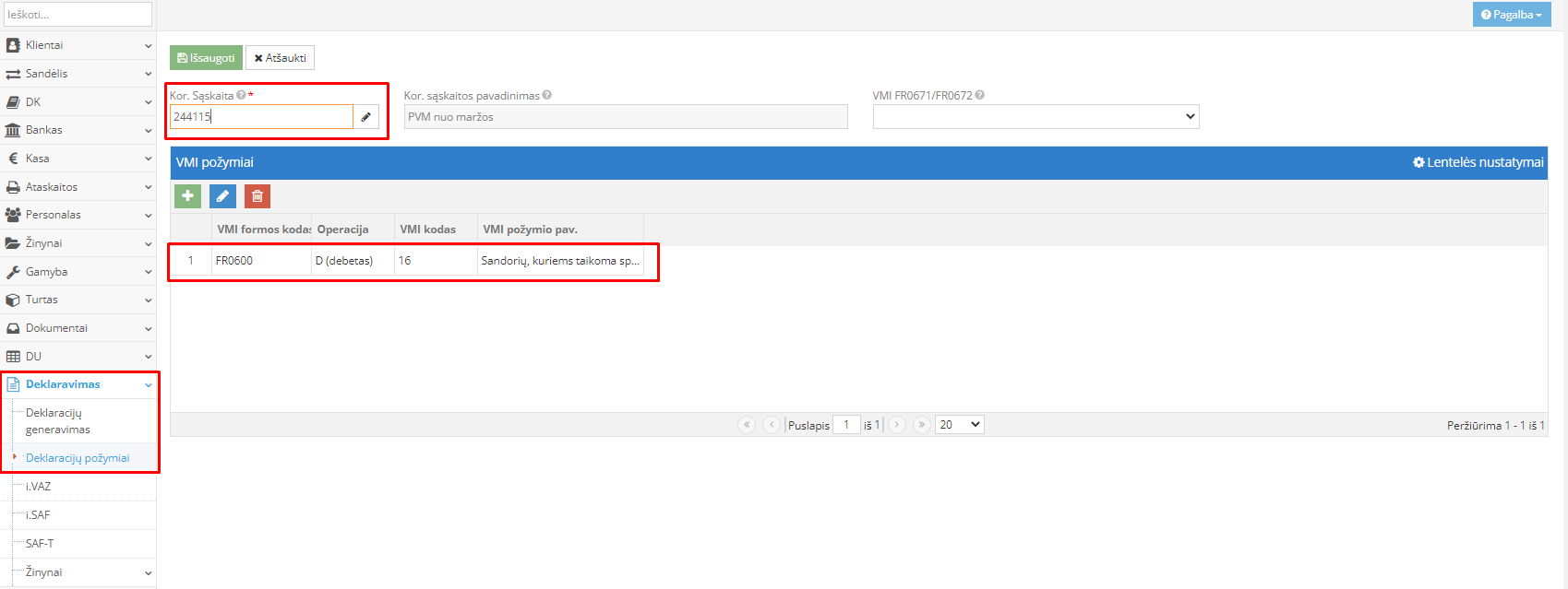 PVM deklaracijos pildymo ir sąskaitos susiejimo langas