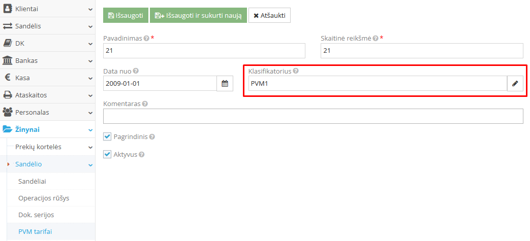 PVM klasifikatoriaus priskyrimo langas