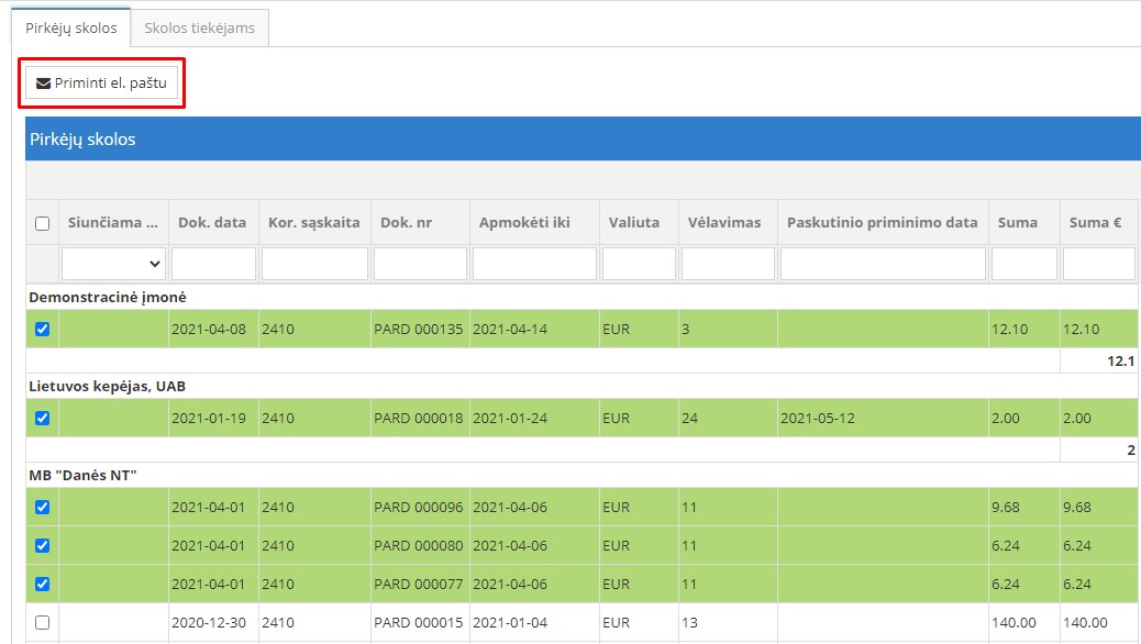 Priminti el.paštu mygtukas neapmokėtoms sąskaitoms priminti