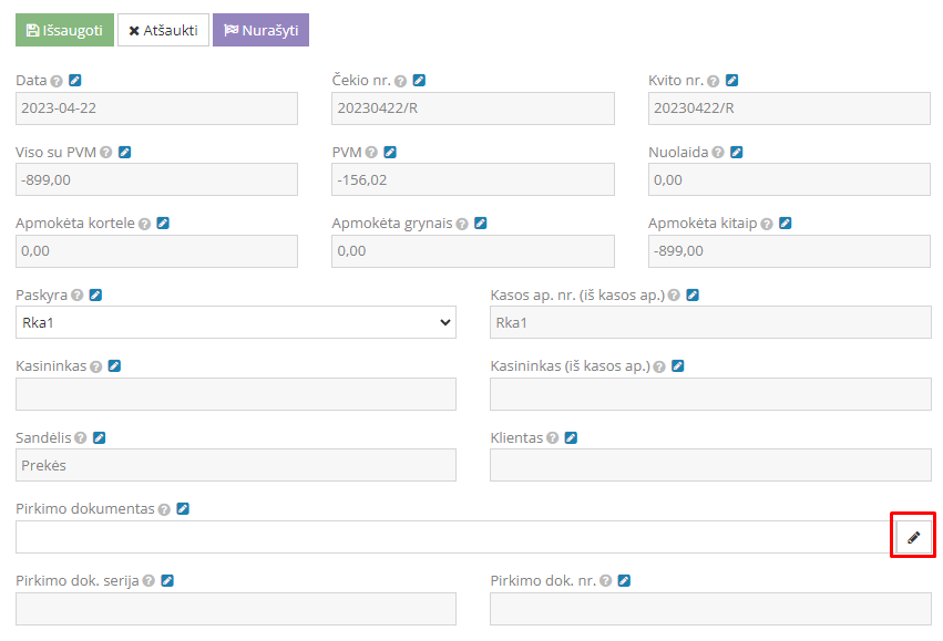Grąžinimo įrašo pasirinkimas kasos pardavimuose