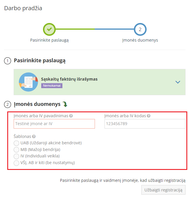 Įmonės duomenų įvedimo ir registracijos užbaigimo langas