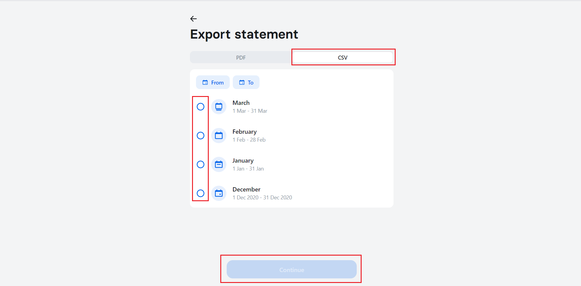 Selecting date range and clicking Continue in Revolut statement export