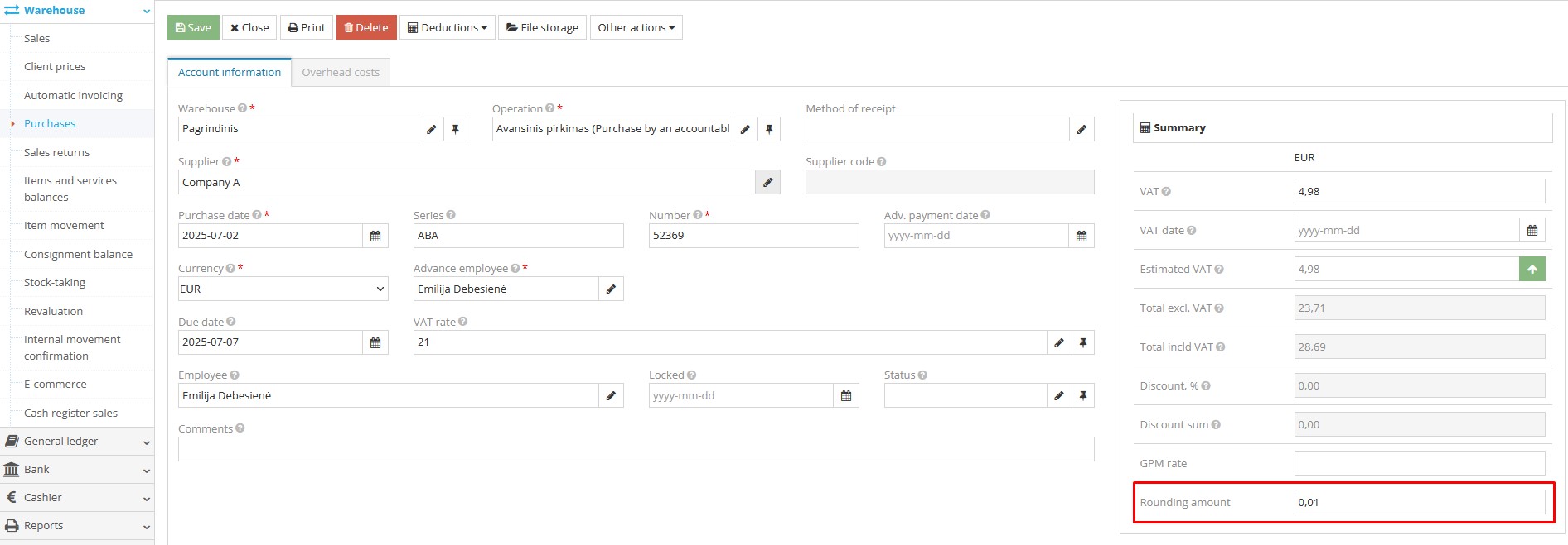 Field for entering rounding amount in purchase registration