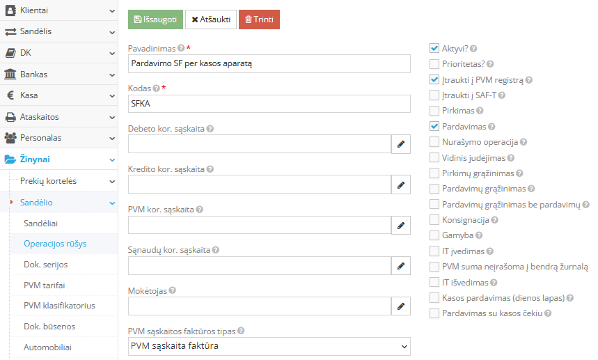 Pardavimo operacijos rūšis su Rivile tipu