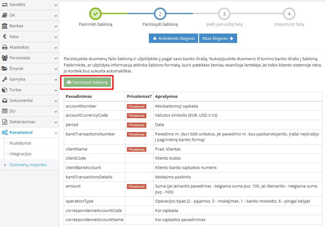 Šablono atsisiuntimo langas banko išrašų importui