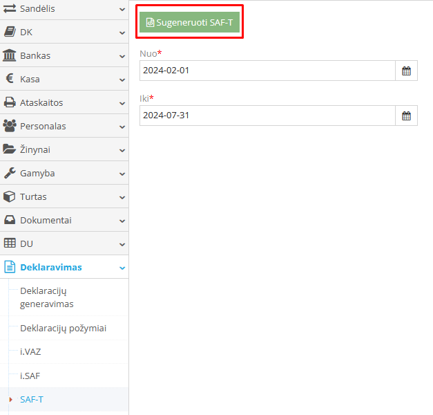 SAF-T rinkmenos generavimo langas