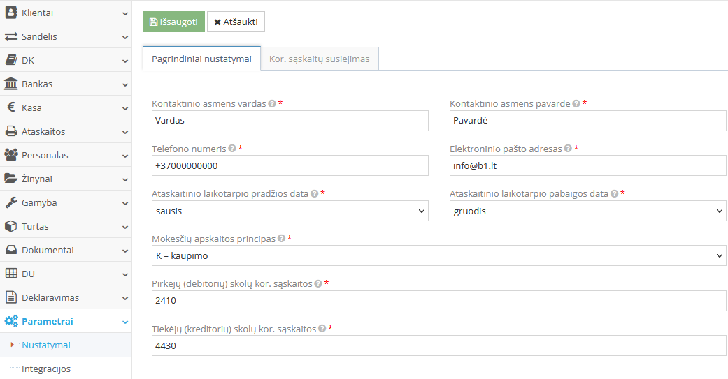 SAF-T nustatymų langas su privalomais laukais užpildymui