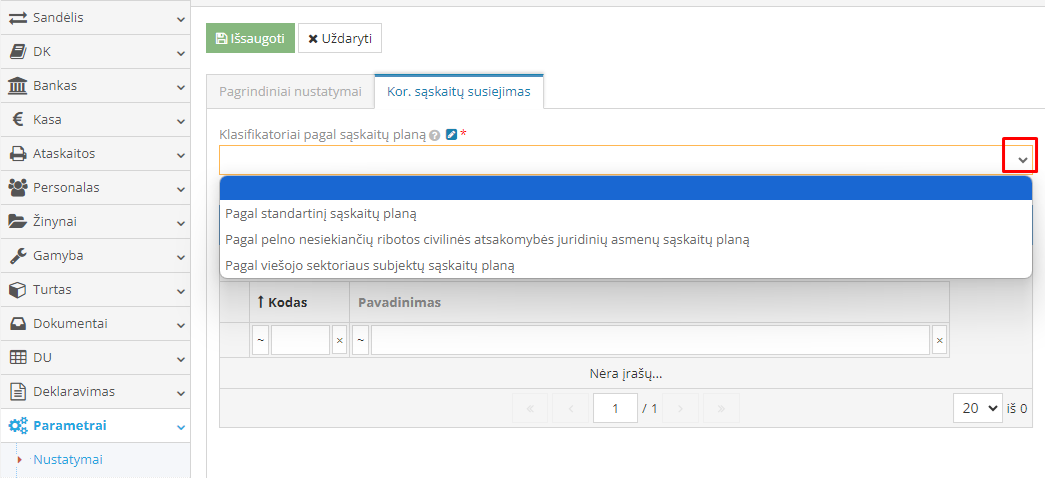 Sąskaitų plano klasifikatorių pasirinkimo langas